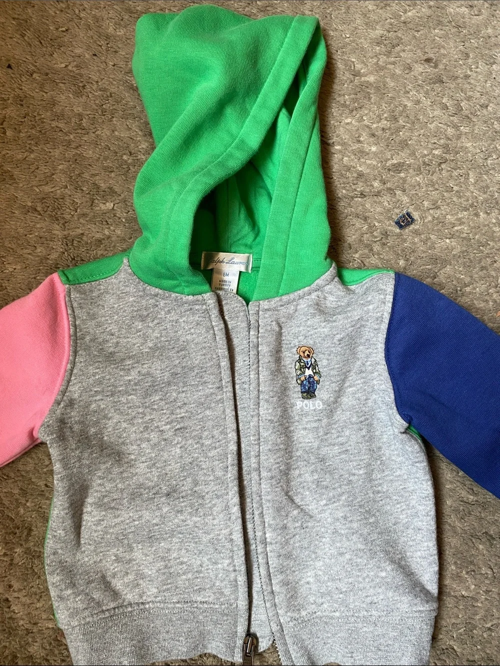 Polo by Ralph Lauren Gray Zip Hoodie with Green Hood, Pink & Blue Sleeves